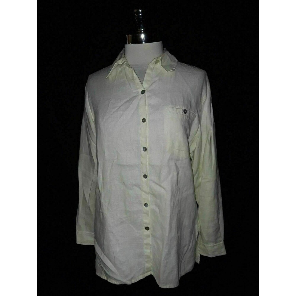 CHICO'S Size 1 8 10 M Blouse Shirt Top Yellow 100% Linen Long Sleeve